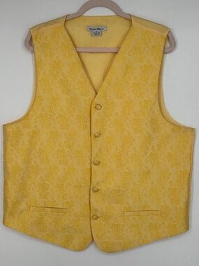 Daniel Ellissa Mens Large Button Front Suit Vest V-Neck Yellow Paisley Pockets